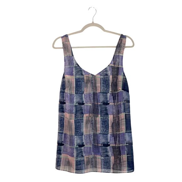 Cabi 4361 Quiz Top Painted Plaid Purple Pink Blue Tank Top Size Medium Preppy - Picture 1 of 7